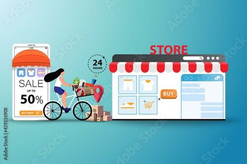 Concept of online to offline shopping, young women wear a medical face mask and ride a bicycle to order the goods and going to pick up at store in green color background.