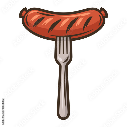 Illustration of fried sausage on fork. Object in engraving hand drawn style. Old element for beer festival or Oktoberfest.