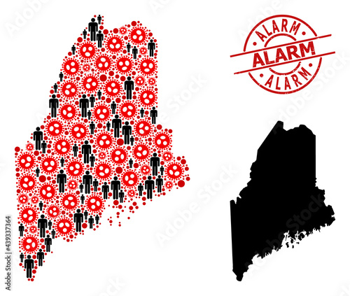 Collage map of Maine State united from coronavirus elements and population icons. Alarm scratched stamp. Black person items and red coronavirus icons. Alarm phrase is inside round seal stamp.