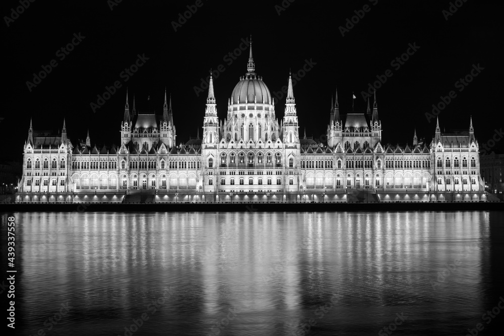 the Parliament building in Budapest seen at night in monochrome colors