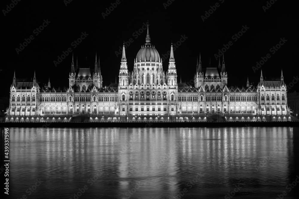 Budapest Parliament Building in black and white seen at night