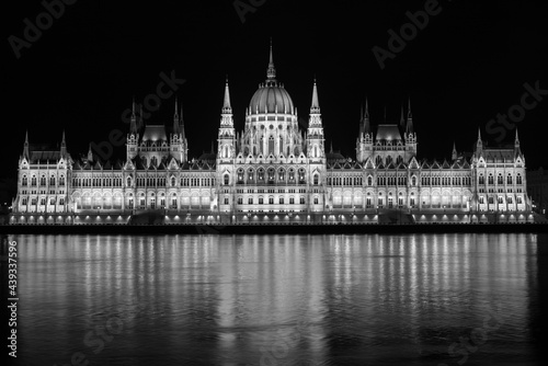 Budapest Parliament Building in black and white seen at night