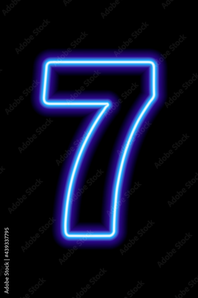 Neon blue number 7 on black background. Serial number, price, place Neon blue number 7 on black background. Serial number, price, place