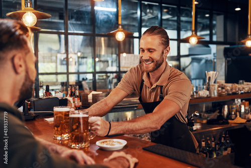 Charming young bartender in apron serving beer and smiling while working in the pub