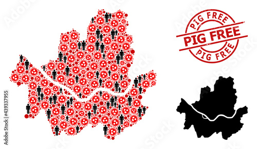 Mosaic map of Seoul Municipality united from sars virus items and humans icons. Pig Free textured seal. Black people items and red SARS virus items. Pig Free message is inside round seal.