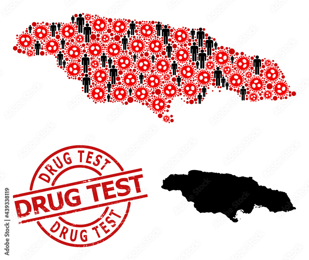 Mosaic map of Jamaica united from sars virus icons and humans icons. Drug Test textured badge. Black men icons and red coronavirus icons. Drug Test caption is inside round watermark.