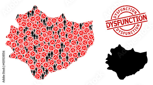 Mosaic map of Swietokrzyskie Province composed of covid-2019 items and humans items. Dysfunction textured stamp. Black crowd elements and red covid-2019 elements. Dysfunction phrase inside round seal.