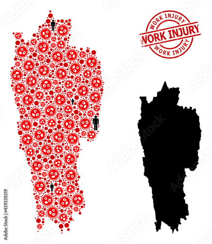Mosaic map of Mizoram State composed of sars virus icons and men items. Work Injury textured watermark. Black men items and red sars virus items. Work Injury message is inside round watermark.