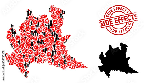Mosaic map of Lombardy region united from sars virus items and people elements. Side Effects textured stamp. Black people elements and red SARS virus elements.