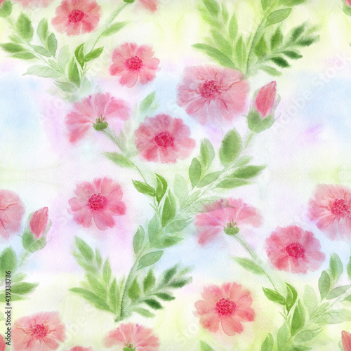 Flowers and leaves. Decorative composition on a watercolor background. Seamless patterns. Use printed materials  signs  items  websites  maps  posters  postcards  packaging.