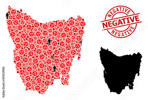 Mosaic map of Tasmania Island composed of covid virus items and people items. Negative grunge stamp. Black person icons and red covid virus icons. Negative title is inside round seal stamp.