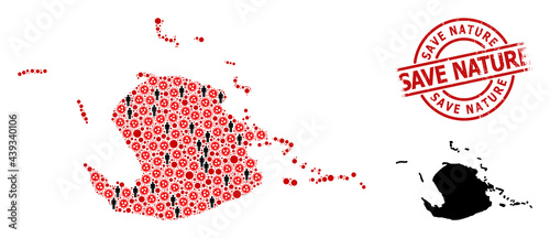 Collage map of Juventud Island designed from flu virus icons and humans icons. Save Nature distress seal stamp. Black crowd elements and red flu virus icons. Save Nature text inside round seal stamp.