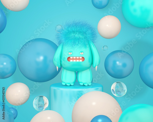 Cartoon monster with Wall Background. 3D illustration, 3D rendering	