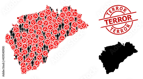 Collage map of Segovia Province designed from covid items and men icons. Terror distress seal stamp. Black crowd items and red flu virus items. Terror message inside round seal stamp.