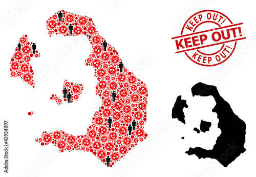 Collage map of Santorini Island organized from sars virus items and people items. Keep Out! textured seal. Black person items and red virus outbreak icons. Keep Out! title inside round stamp.