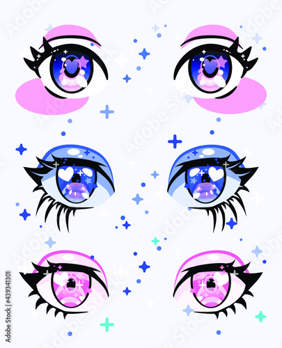 Set of cute big anime female eyes with sparkles and long eyelashes. Vector illustration.