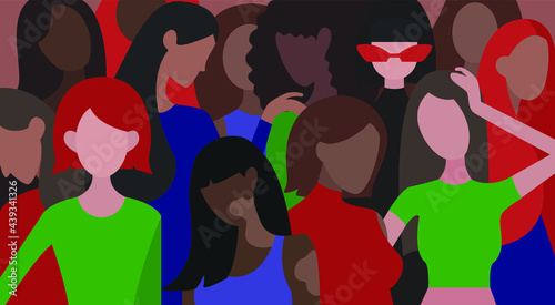 Women vector illustration. Female characters. Flat design. Women support and follow women. Variety of nationalities and hairstyles. Colourful illustration. Web, App design elements.