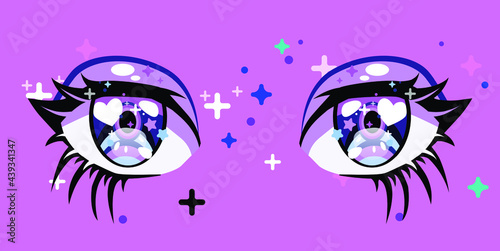 Close-up of anime big cartoon eyes with long eyelashes and sparkles.