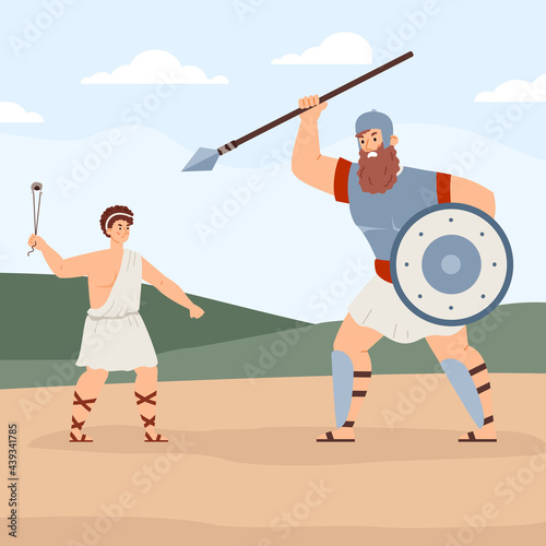 Fight of bible characters goliath and david a flat cartoon vector illustration photo