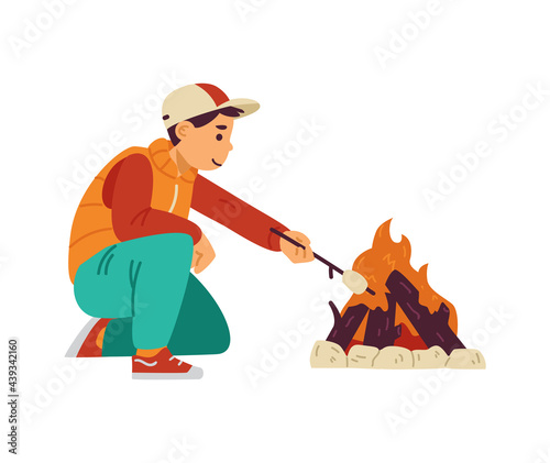 Kid boy roast marshmallows at bonfire in camping a vector illustration
