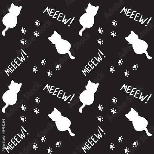 Cute seamless pattern with cats, steps and mew quote. Black and white colors. Doodle cartoon style. Modern abstract design for packaging, paper, cover, fabric, cards, textile. Vector illustration