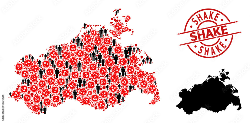 Collage map of Mecklenburg-Vorpommern State constructed from viral elements and people items. Shake textured stamp. Black people items and red viral elements. Shake text is inside round watermark.