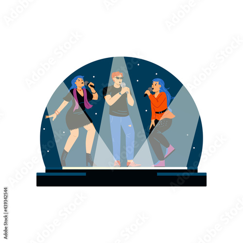 Group of young friends sing karaoke at party, flat vector illustration isolated.