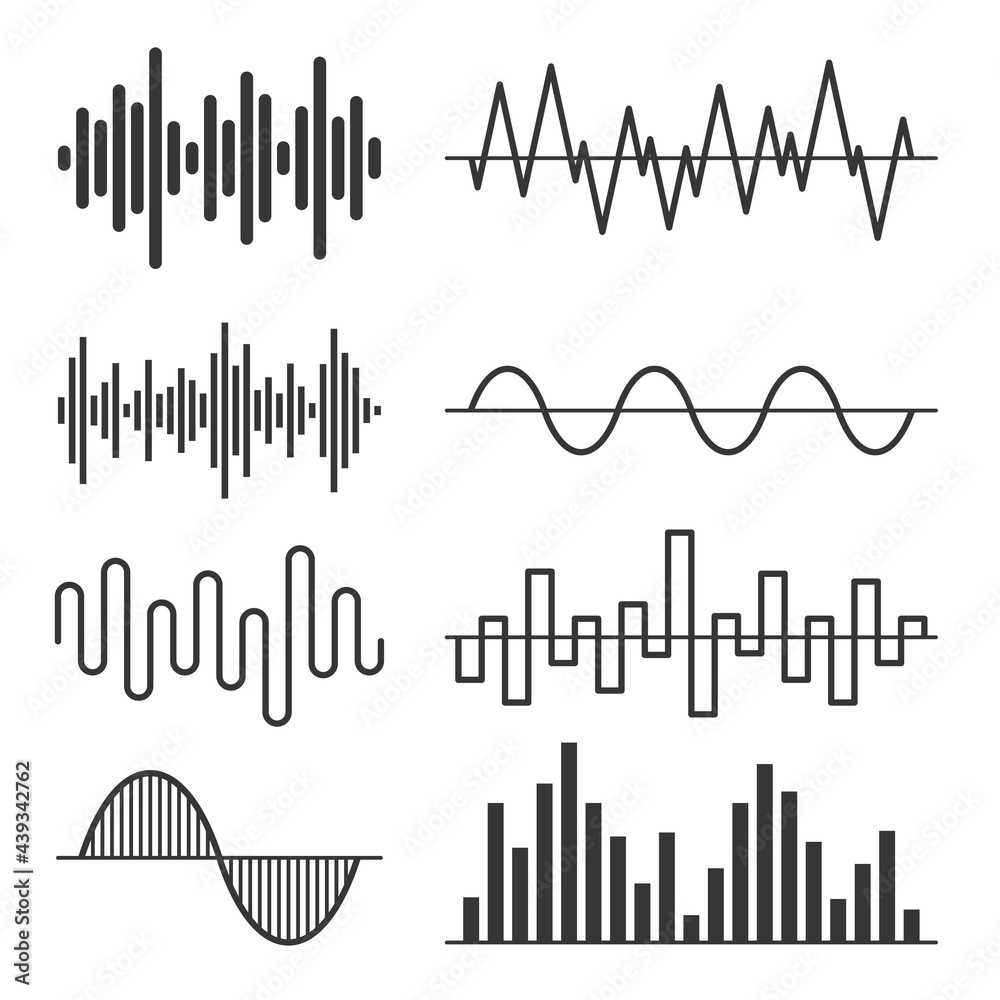 Sound Waves Set. Audio Equalizer on White Background. Vector