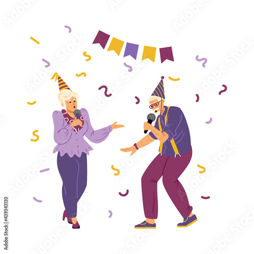 Elderly people sing at birthday party, flat vector illustration isolated.