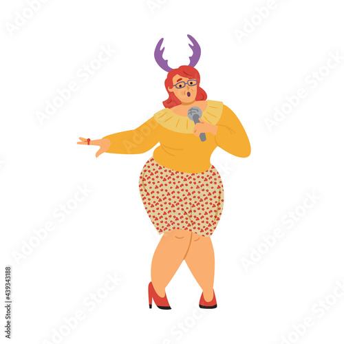 Woman singing karaoke at Christmas party, cartoon vector illustration isolated.