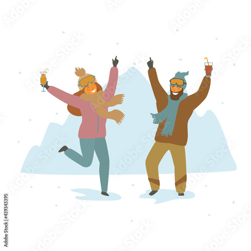 man and woman skiers at apres ski party dancing celebrating cartoon isolated vector illustration scene