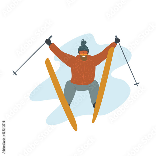 happy skiing man jumping high at ski resort isolated cartoon vector illustration graphic