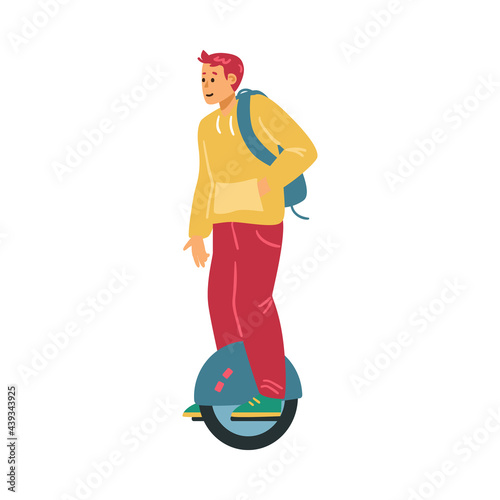 Young man with backpack ride on electric device mono wheel a vector illustration