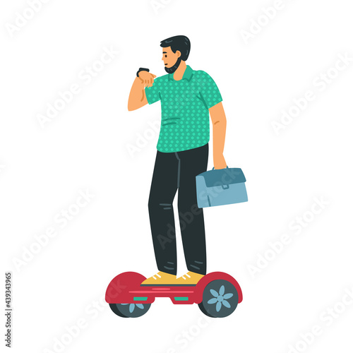 Man uses gyro scooter for ride and commuting, flat vector illustration isolated.