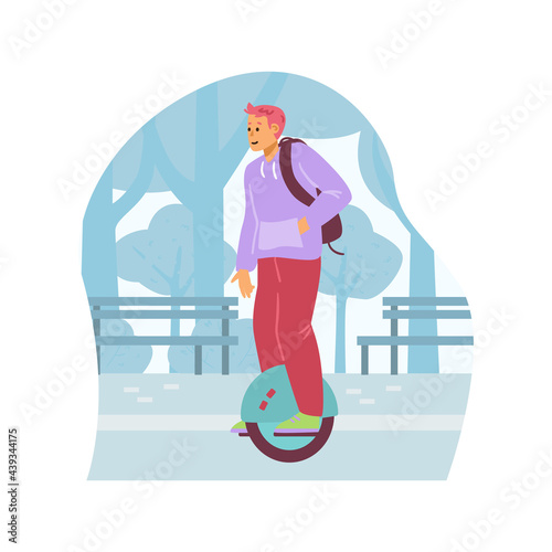 Young man with backpack ride on eco urban transport - electric mono wheel.