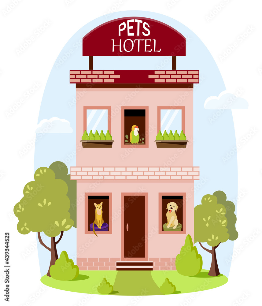 Hotel for pets. A building for overexposing pets while their owners are traveling. Caring for different types of animals concept. Cartoon flat vector illustration