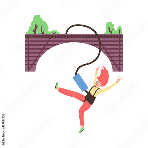 Woman jumping with bungee from bridge, flat vector illustration isolated.