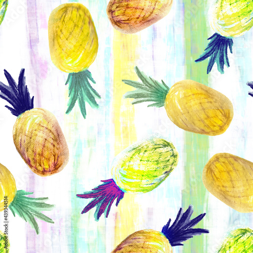 Pineapple hand-painted, all over textile pattern, vintige style. Seamless background. Summer time. photo