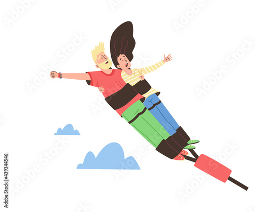 Man and woman tied with bungee belt in jump, flat vector illustration isolated.