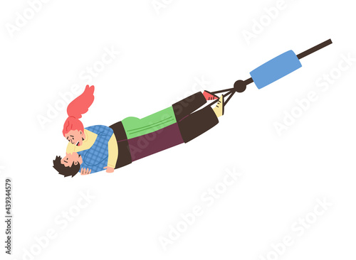 Young couple jumping with bungee, flat vector illustration isolated on white.