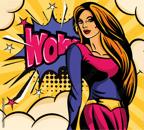 Cute pop art poster of superwoman in blue and violet costume