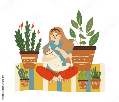 Woman taking care of houseplants and pets, flat cartoon vector illustration.