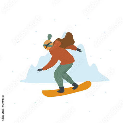 woman snowboarding in winter mountains resort isolated vector illustration graphic