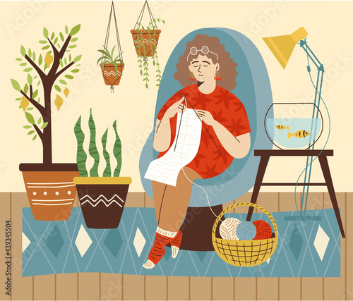 Woman knitting in cute cozy room with houseplants, flat vector illustration.