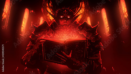 A young demon in spiked sinister armor reads a sinister satanic book, his eyes burning with magical fire, and the stained glass window of sabor is bathed in red sun. 2d illustration
