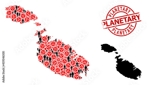 Mosaic map of Malta organized from virus outbreak items and population items. Planetary textured watermark. Black person elements and red virus outbreak items. Planetary text inside round watermark.