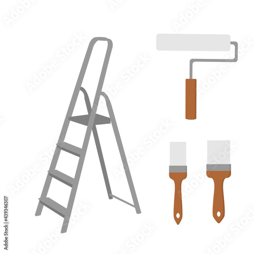 Aluminum stepladder, paint roller and brushes isolated on white background. Household equipment