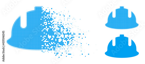 Dissolved pixelated construction helmet icon with wind effect, and halftone vector icon. Pixelated dissolving effect for construction helmet shows speed and motion of cyberspace items.
