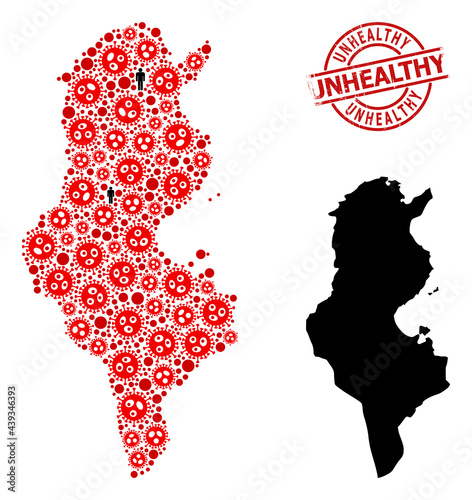 Mosaic map of Tunisia united from covid virus elements and demographics elements. Unhealthy distress stamp. Black men elements and red flu virus items. Unhealthy title is inside round seal stamp.