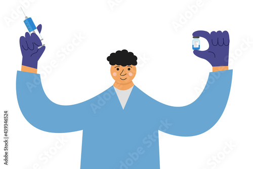 Coronavirus (COVID-19) Vaccination. Doctor or nurse with vaccine and syringe in his hands on white background. The concept of vaccination and prevention of corona infection. Flat vector illustration.